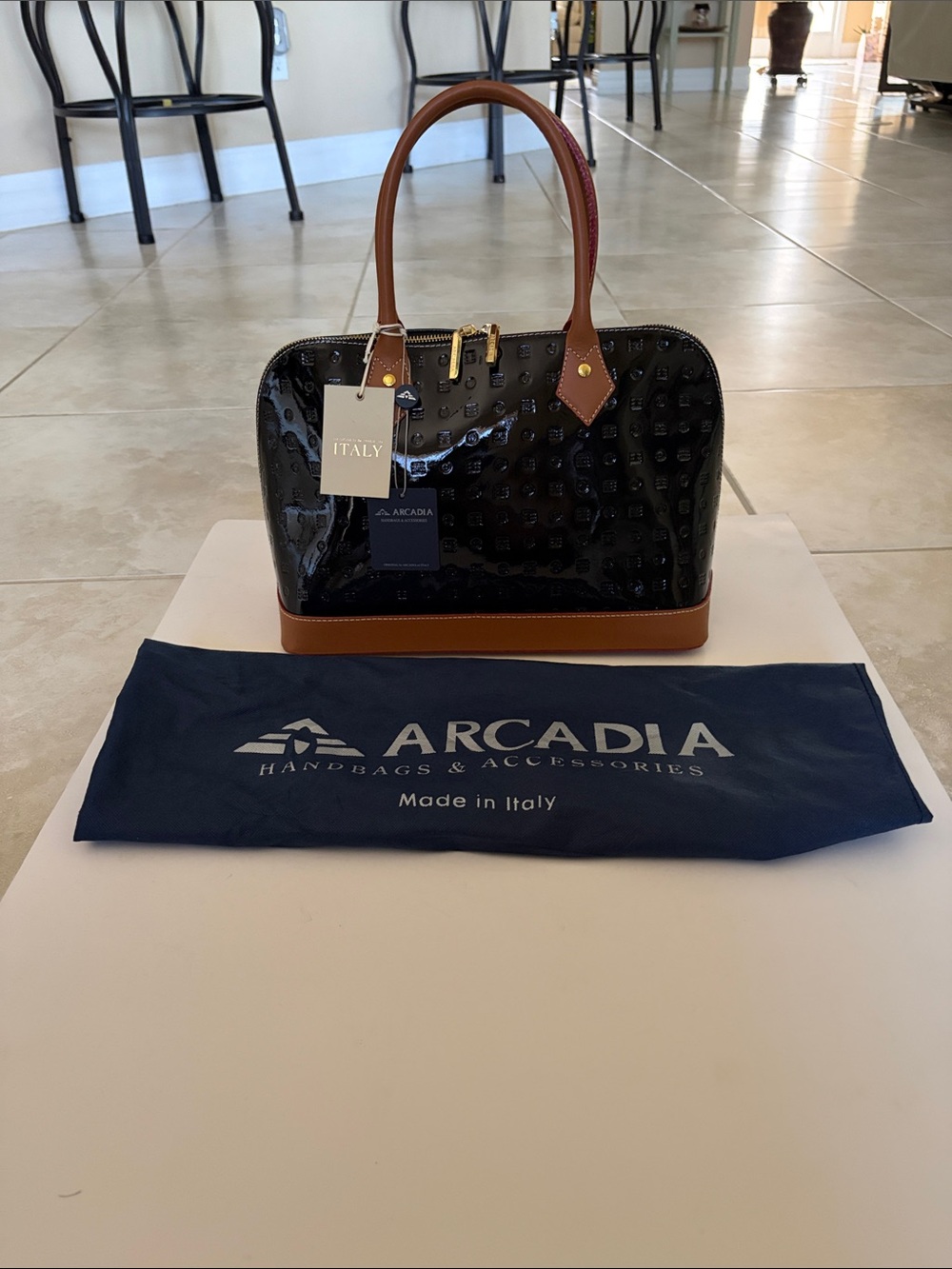 NWT Arcadia Black Patent Satchel with Brown Trim and Handles